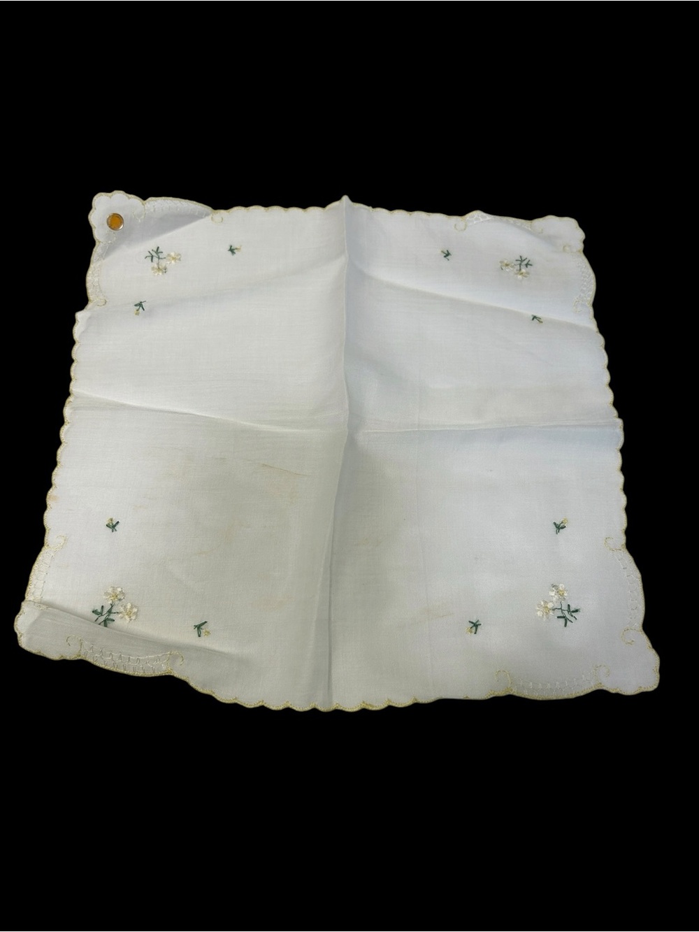 Vintage Swiss Made Embroidered Floral Handkerchief White Cotton Scalloped